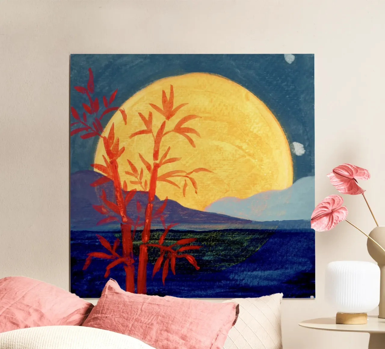 Luna paesaggio notturno con bambù poster con telaio in legno da Nica Colorie