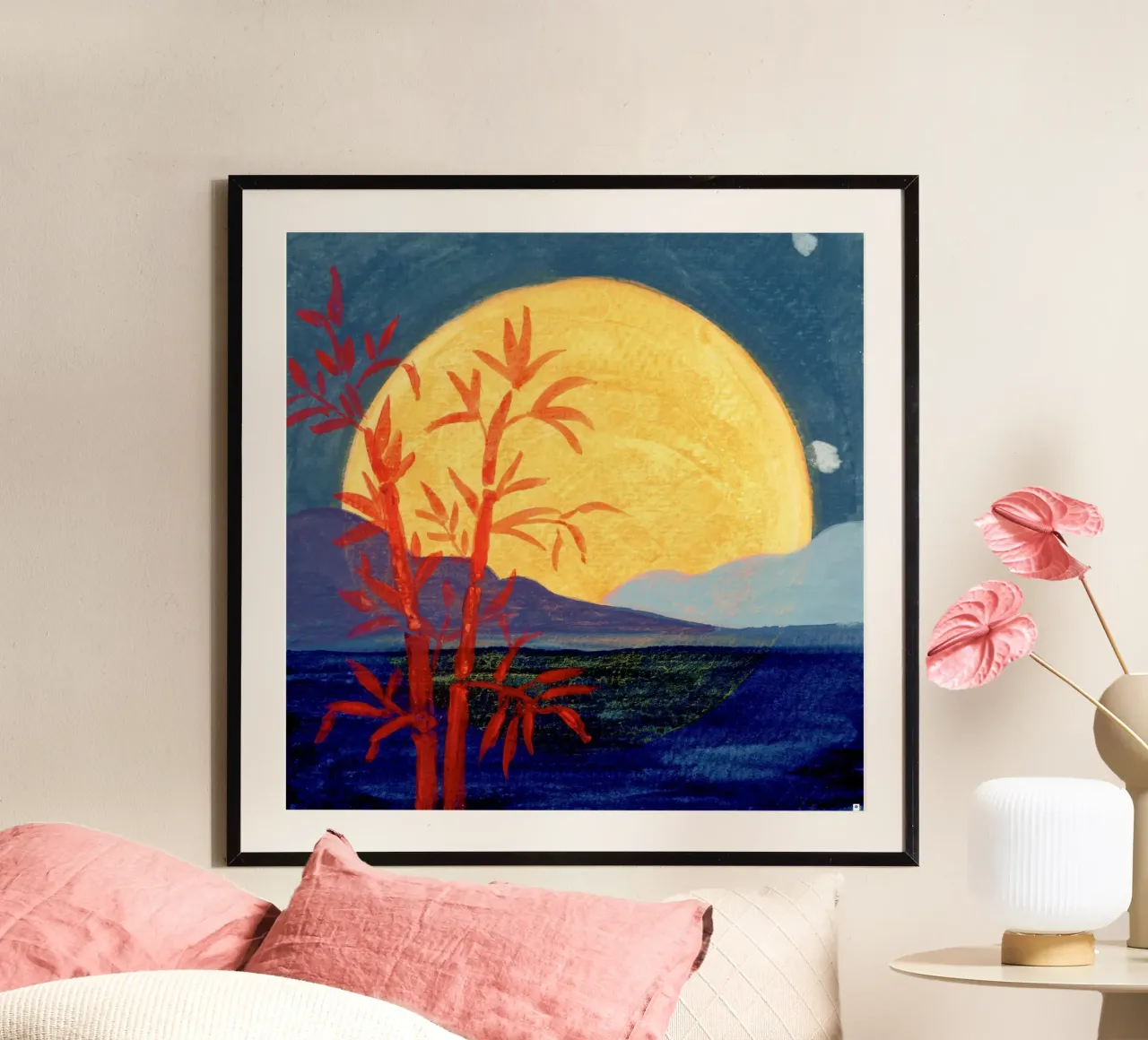 Luna paesaggio notturno con bambù poster con telaio in legno da Nica Colorie