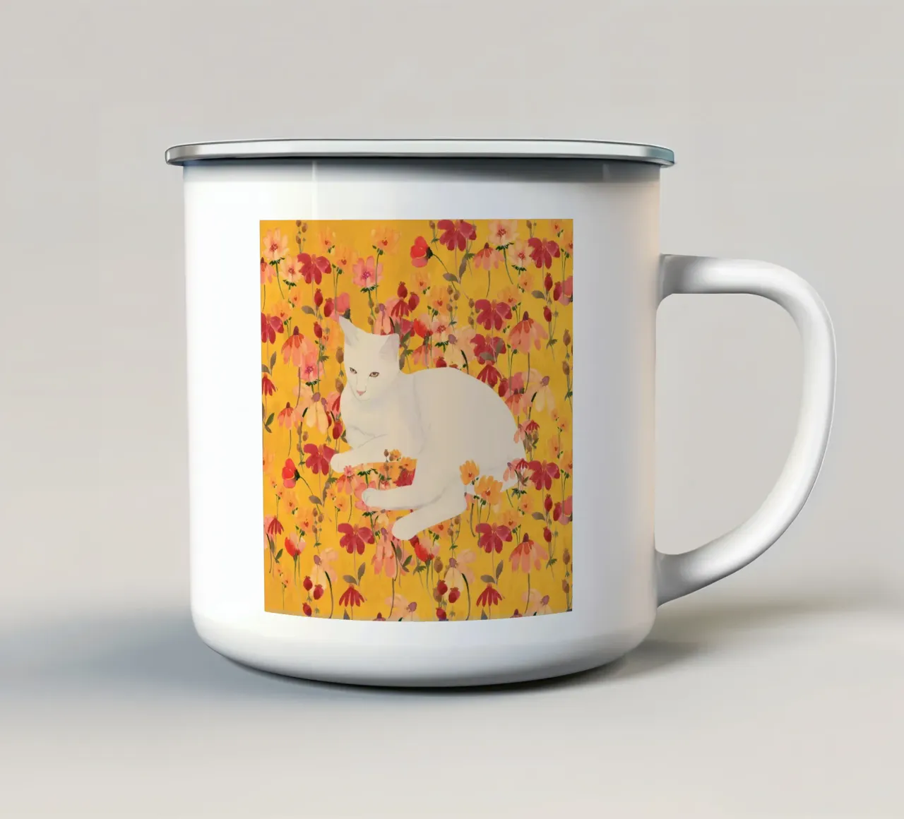 Gatto bianco in fiore tazza in smalto da ThingDesign