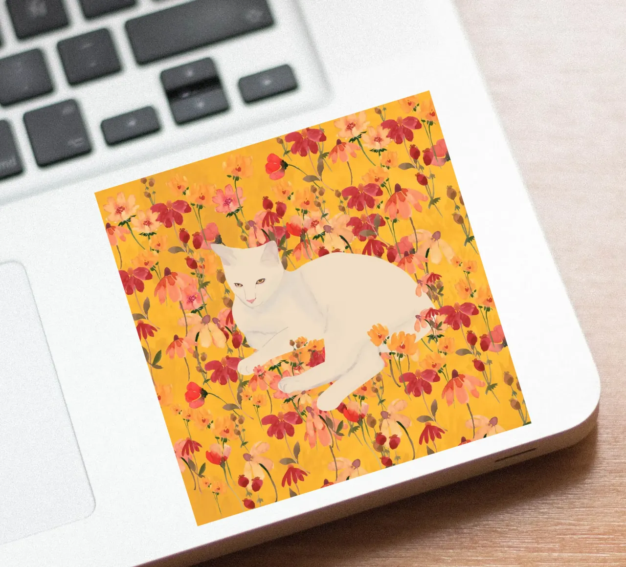 White Cat in Soft Bloom sticker by ThingDesign