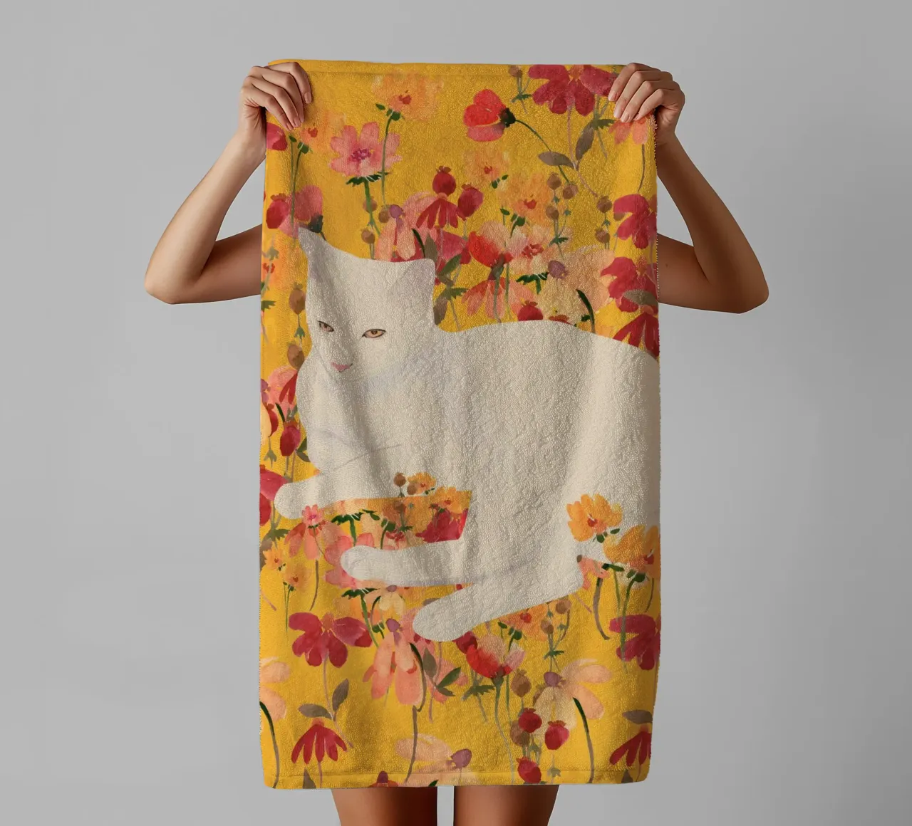 White Cat in Soft Bloom towel by ThingDesign