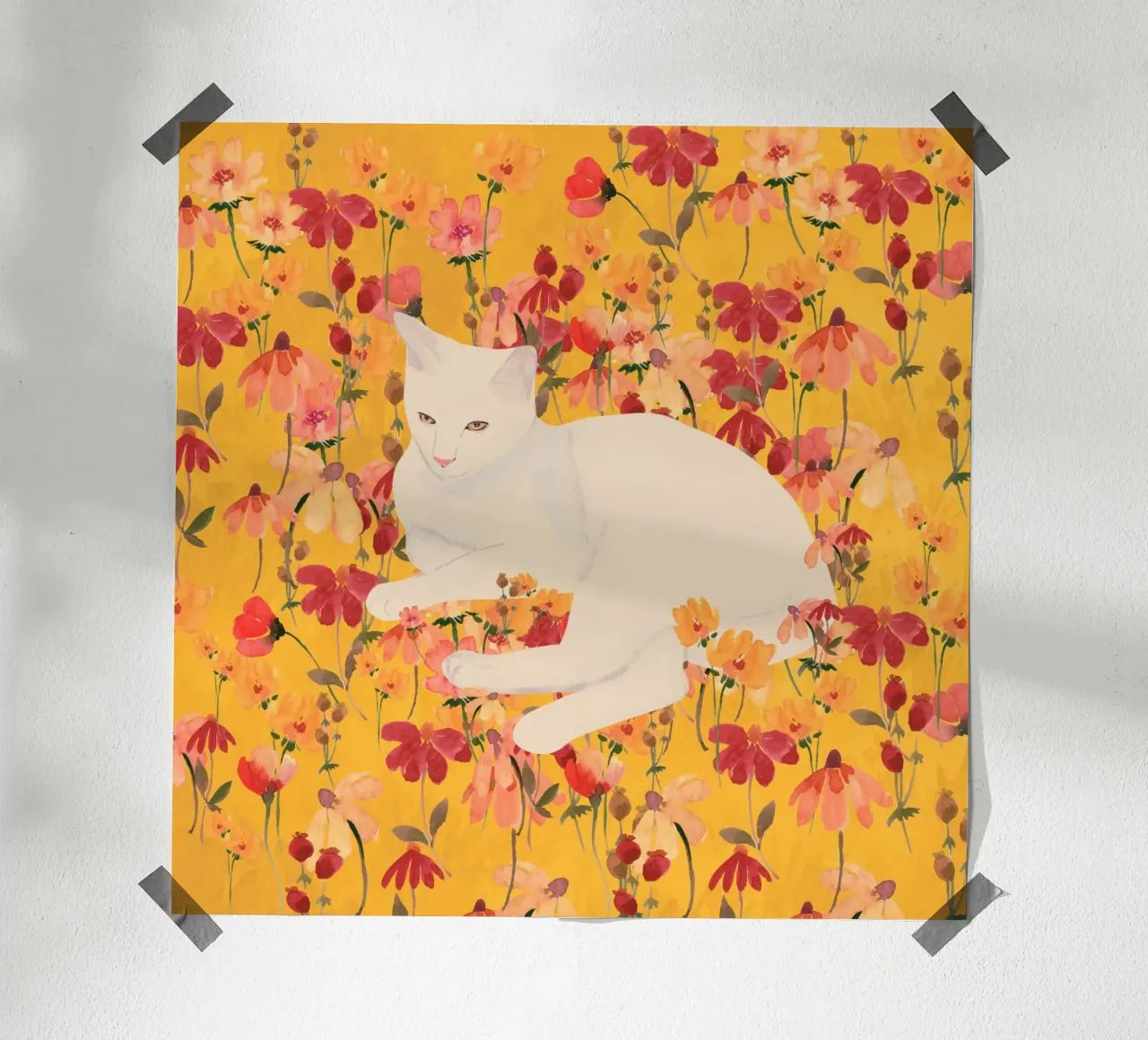 Gatto bianco in fiore carta hahnemühle da ThingDesign
