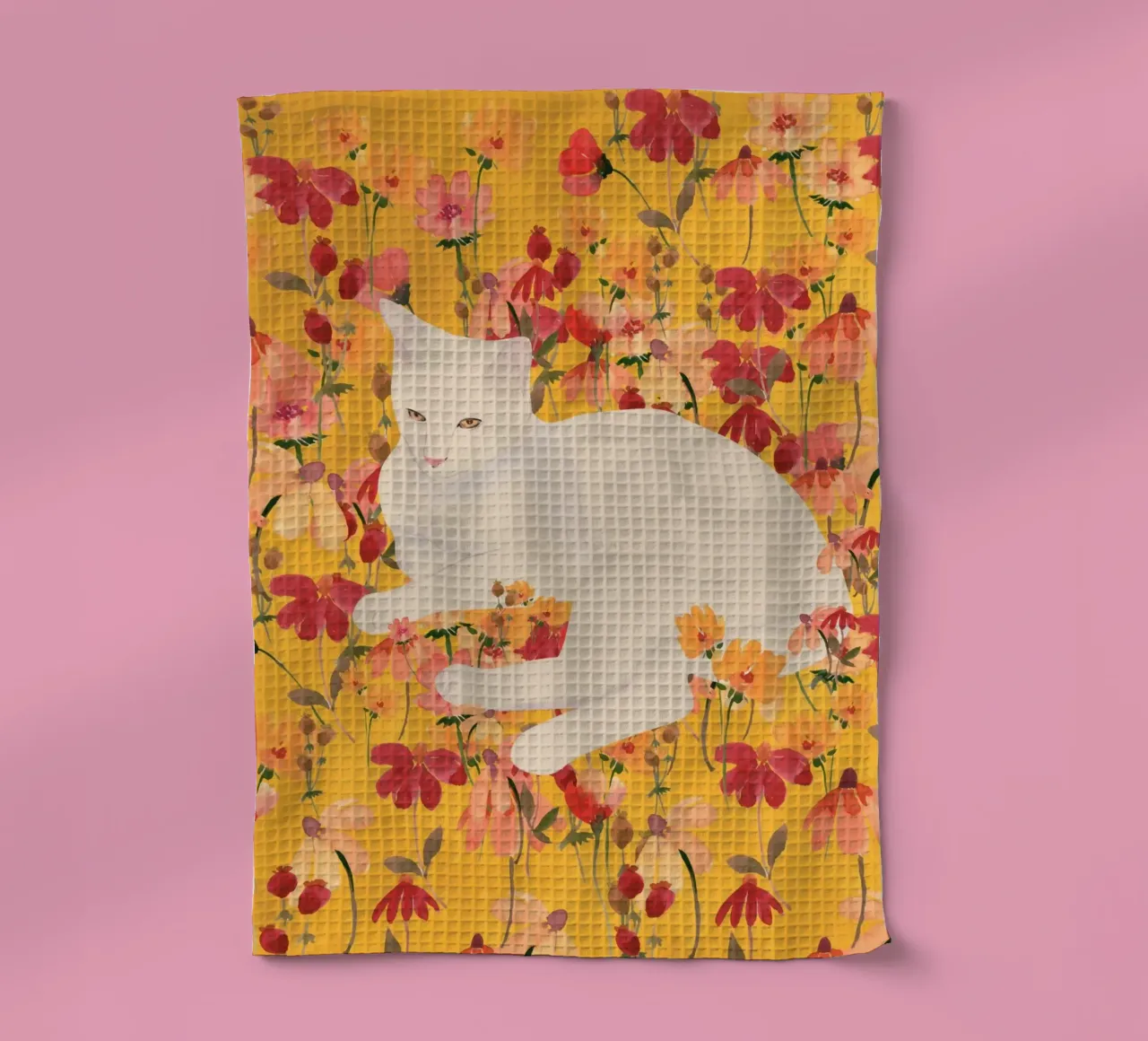 Gatto bianco in fiore canovaccio da cucina da ThingDesign