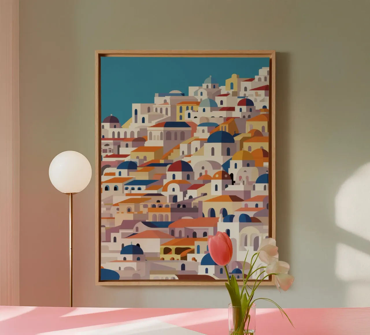 Santorini Sommer Traum Leinwand mit Schattenfugenrahmen von Monuments Fire