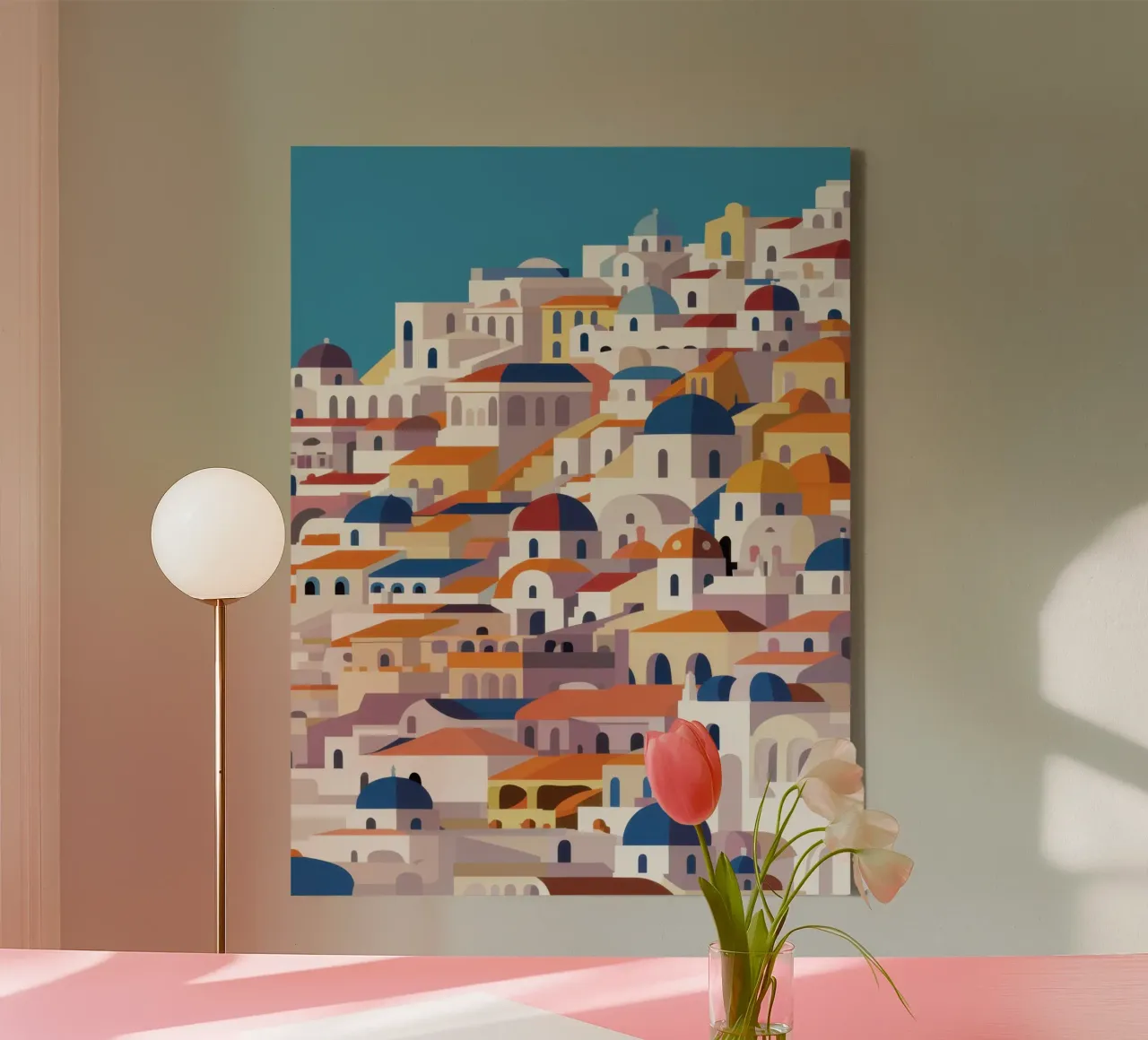 Santorini Sommer Traum Leinwand mit Schattenfugenrahmen von Monuments Fire