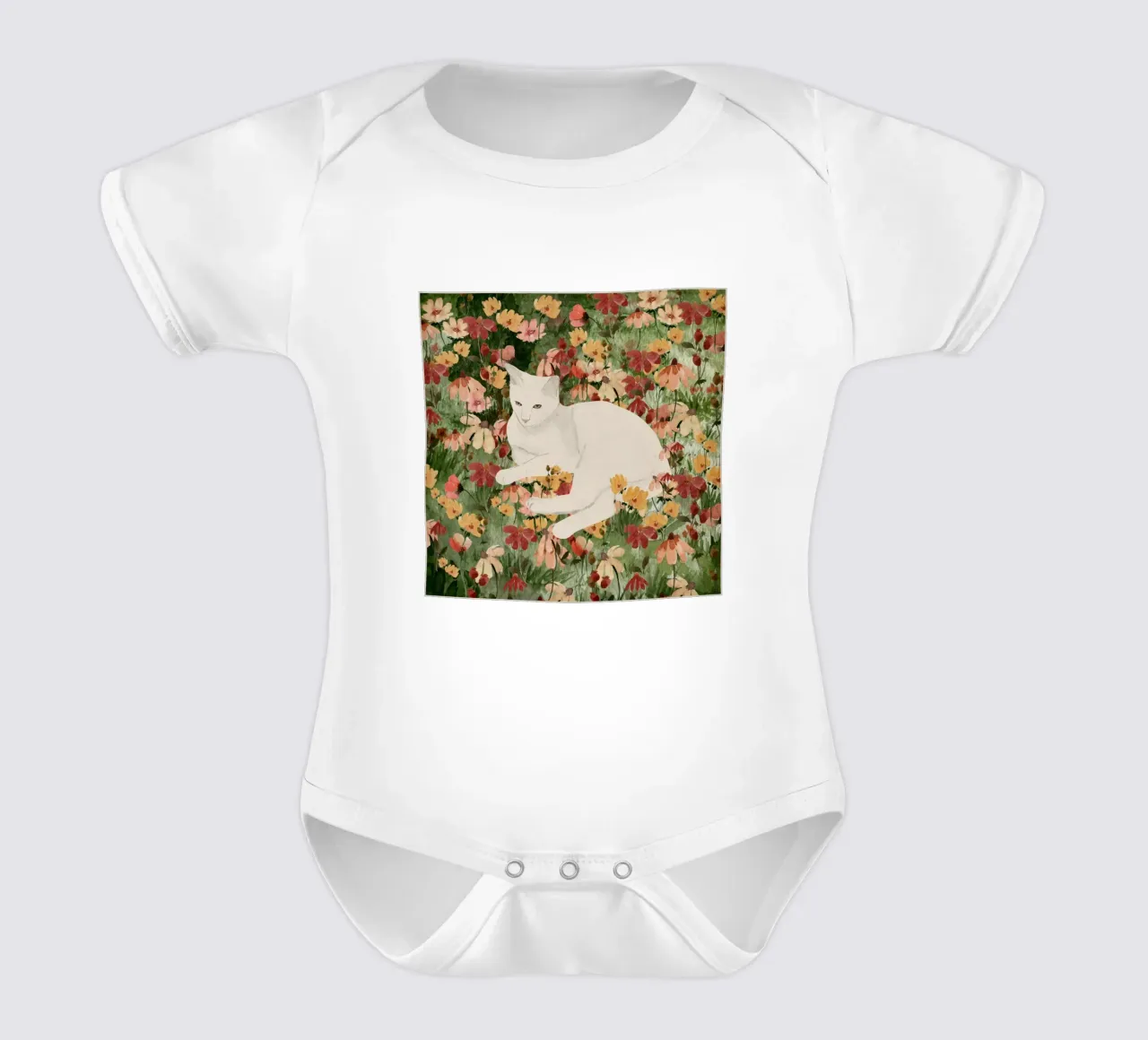 Gatto bianco in fiore 2 body neonato maniche corte da ThingDesign