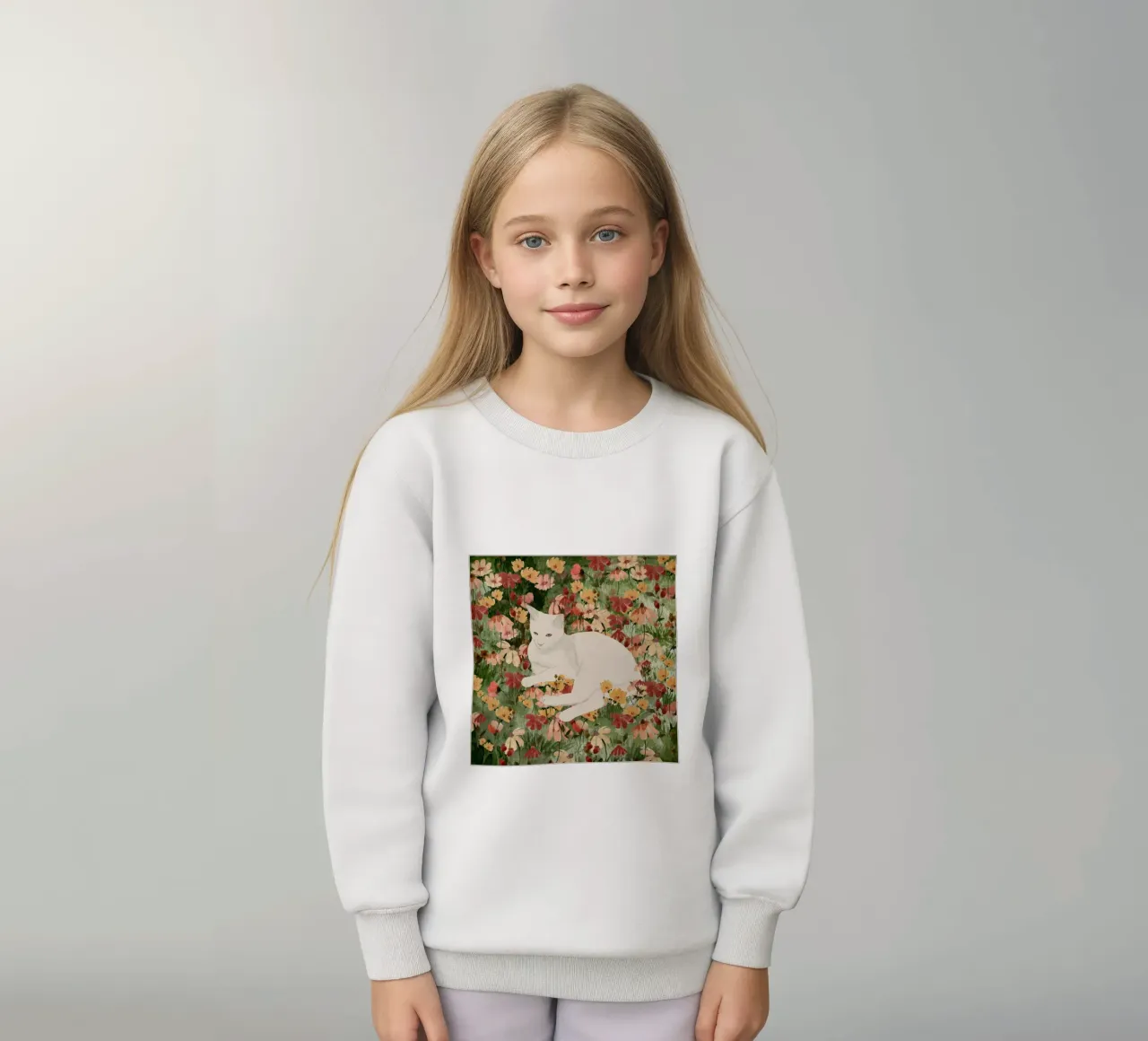 Gatto bianco in fiore 2 felpa bambino da ThingDesign