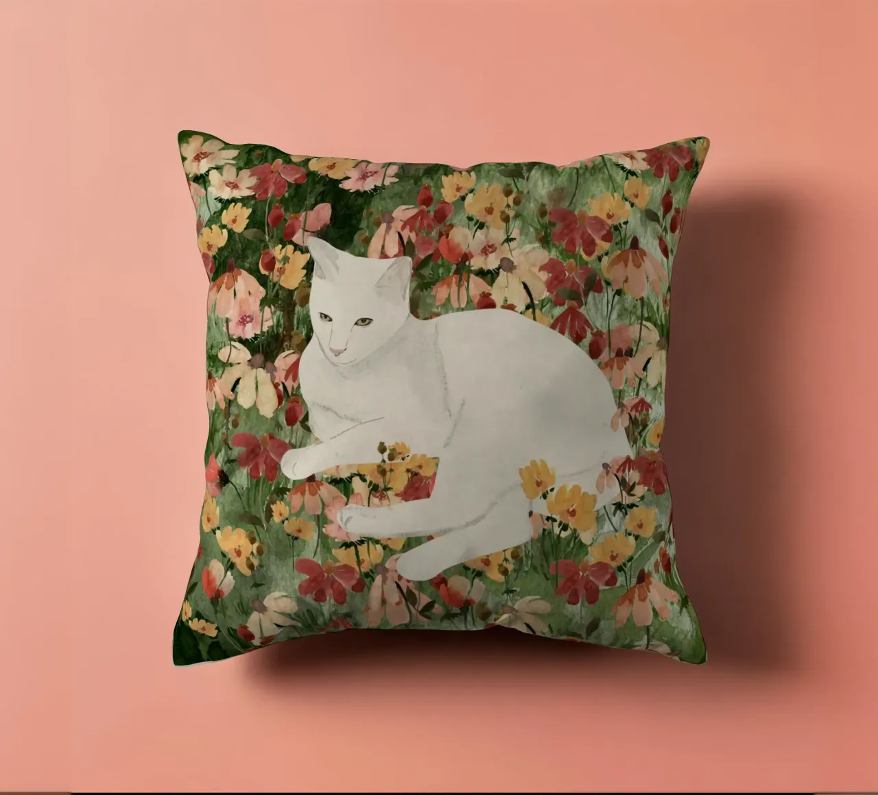 Gatto bianco in fiore 2 cuscino da ThingDesign