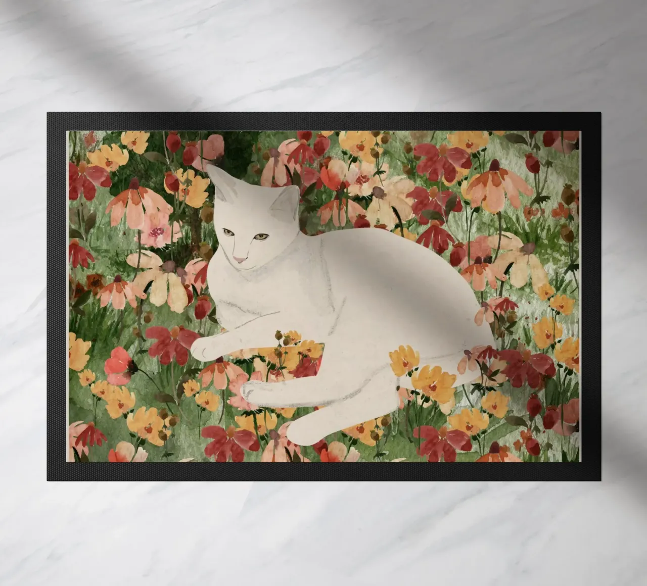 Gatto bianco in fiore 2 zerbino da ThingDesign