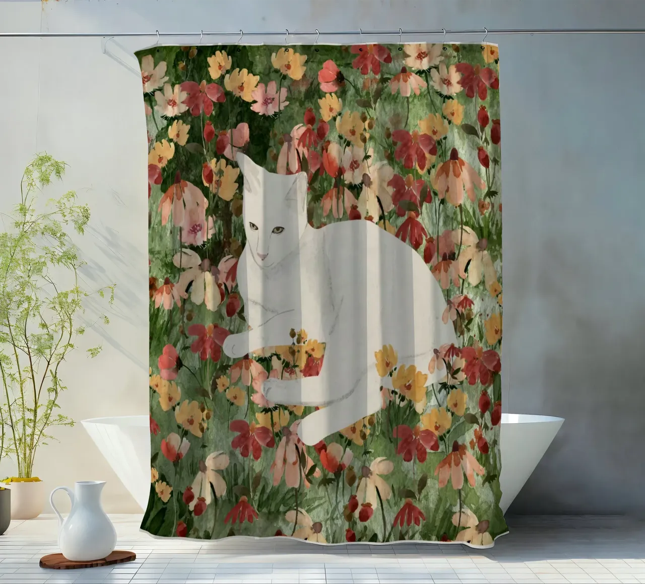 Gatto bianco in fiore 2 tenda da doccia da ThingDesign