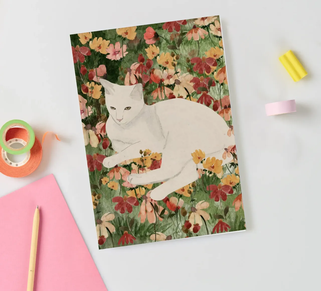White Cat in Soft Bloom 2 notebook by ThingDesign