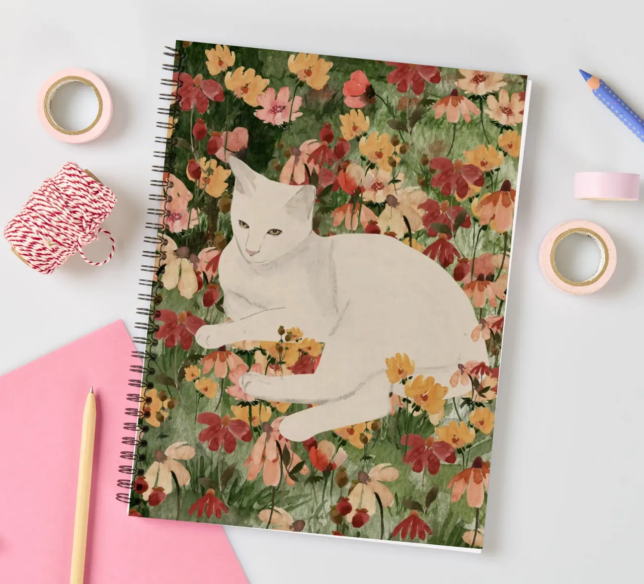 White Cat in Soft Bloom 2 spiral notebook by ThingDesign
