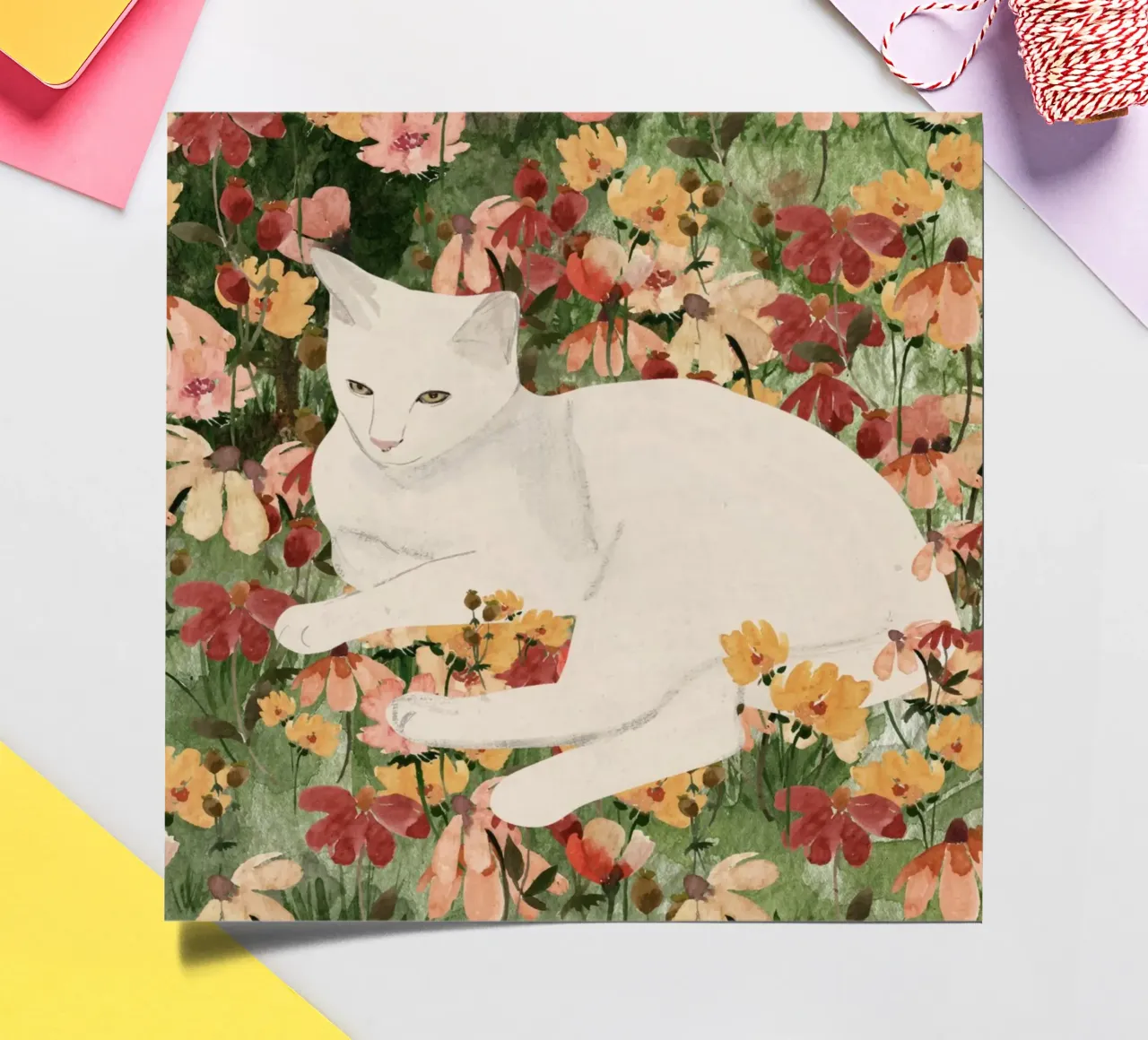 White Cat in Soft Bloom 2 sticker sheet by ThingDesign