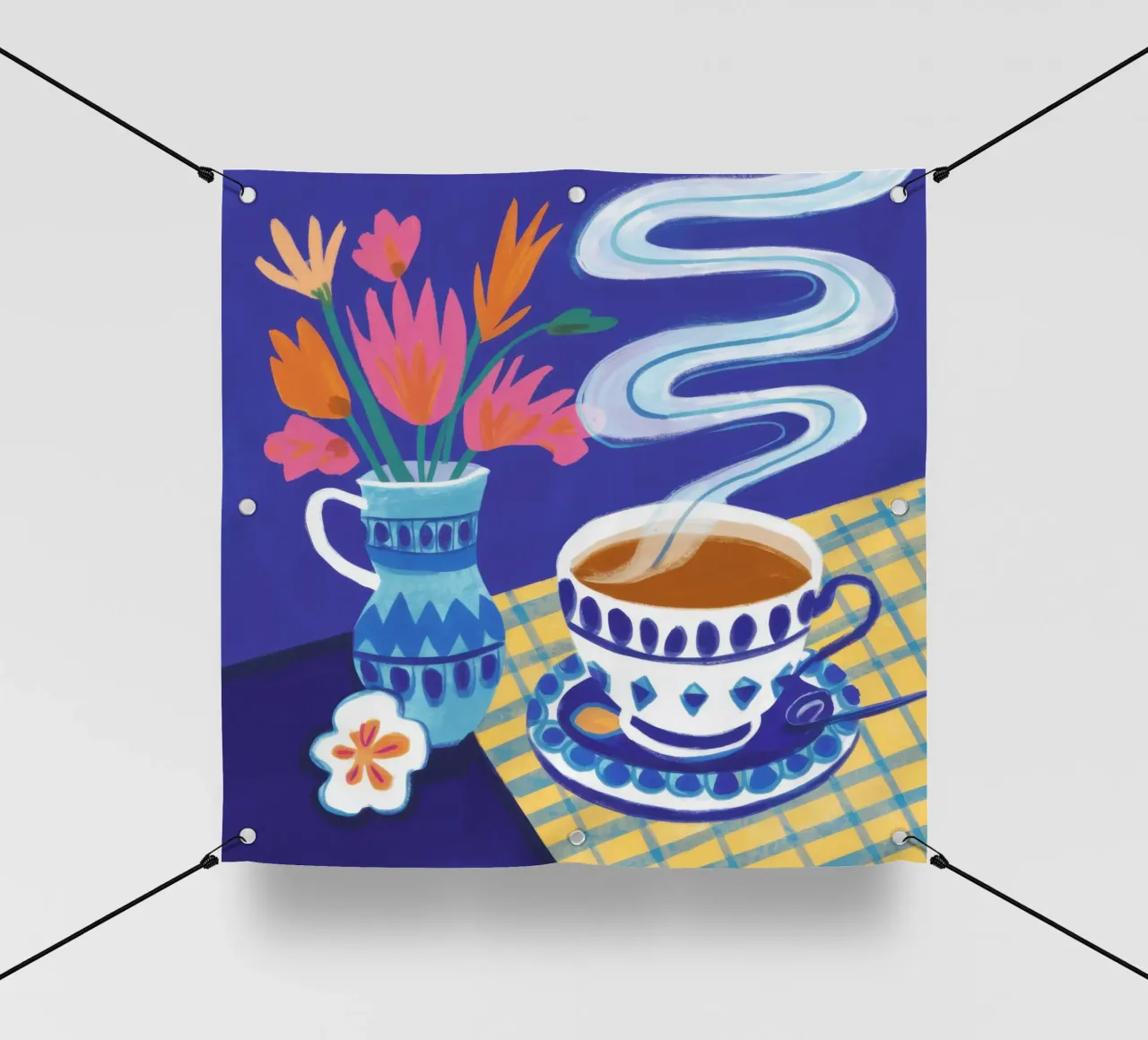 Caffè a scacchi in fiore telo in pvc da Monuments Fire