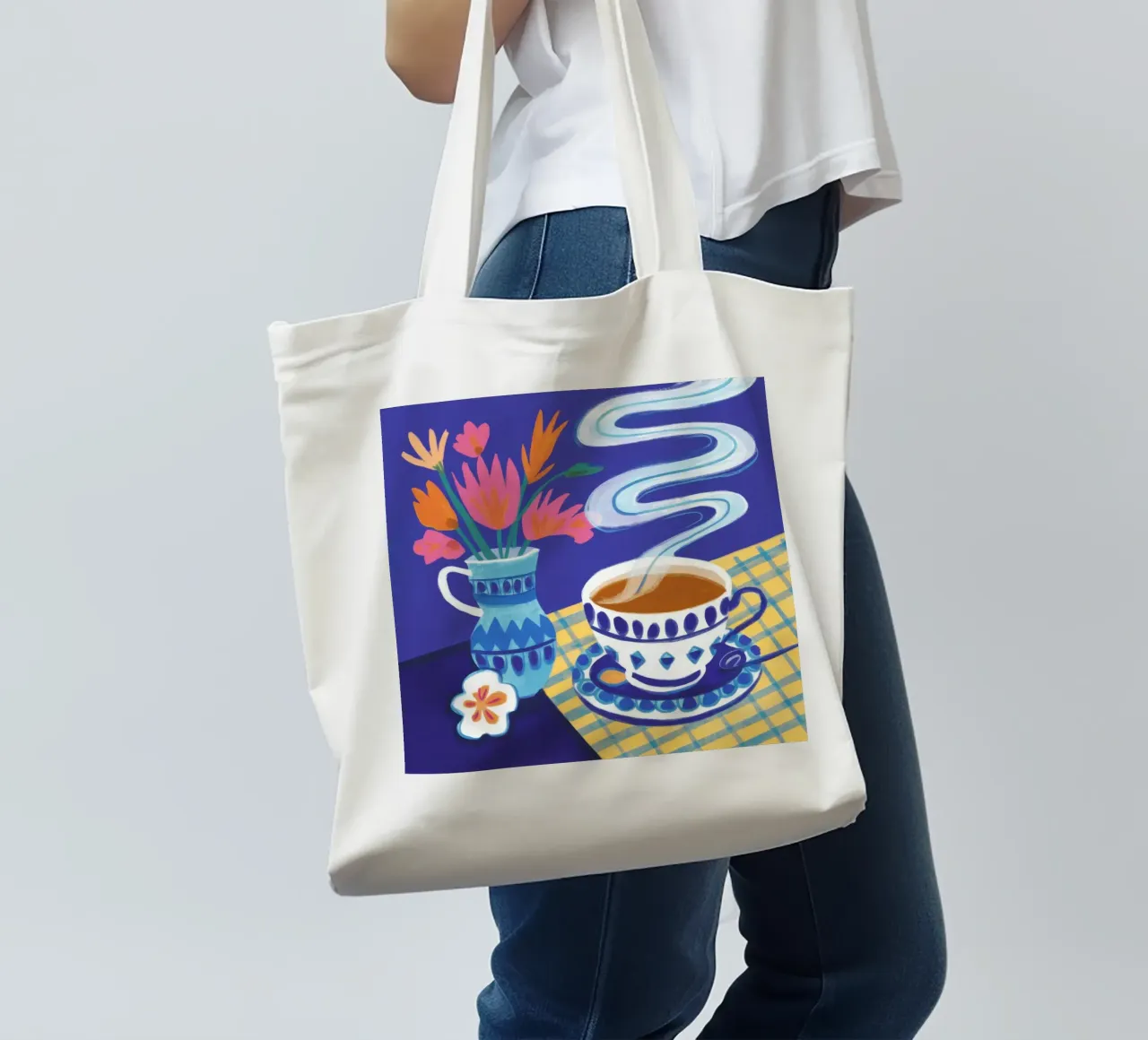 Caffè a scacchi in fiore borsa in juta da Monuments Fire