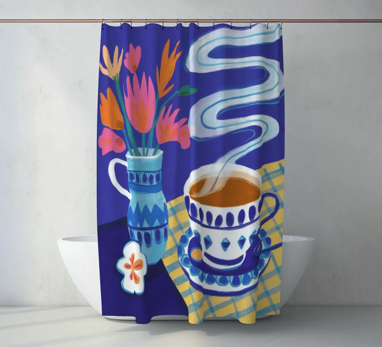 Caffè a scacchi in fiore tenda da doccia da Monuments Fire