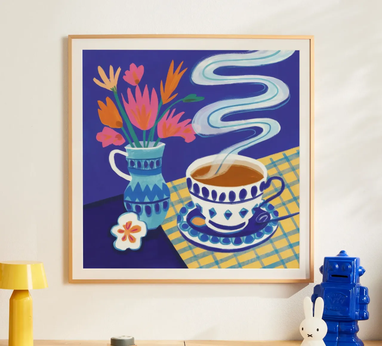 Caffè a scacchi in fiore poster con telaio in alluminio da Monuments Fire