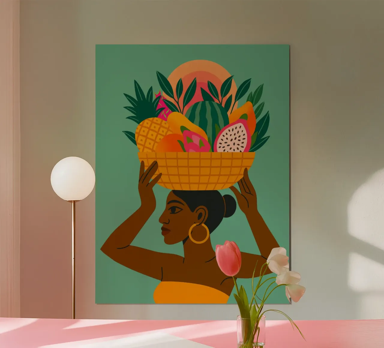Exotic fruit Basket Lady poster con telaio in plastica da Taika Tori Art