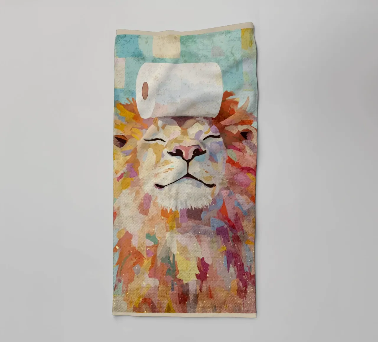 Leeuw met wc-papier badhanddoek van Terry Jason Kratz