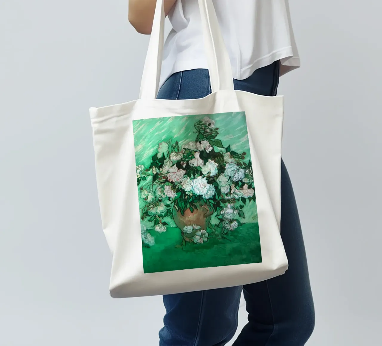 Blumenvase weiße Rosen Jutebeutel von cloud shop