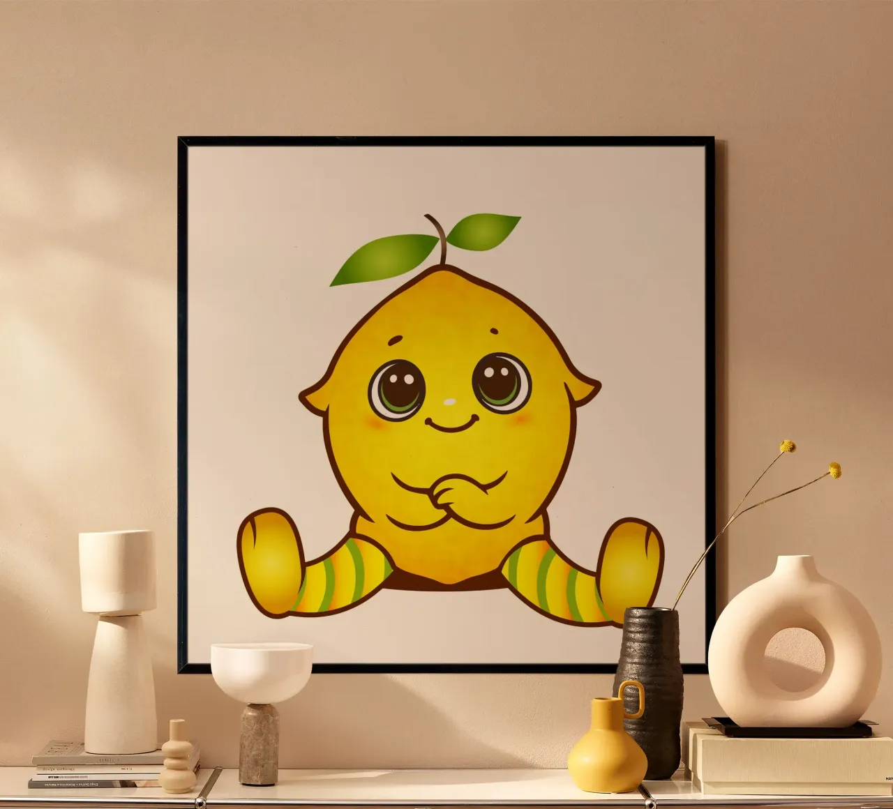 Un citron joyeux en guise d'adorable figurine kawaii poster avec cadre en bois de namosh