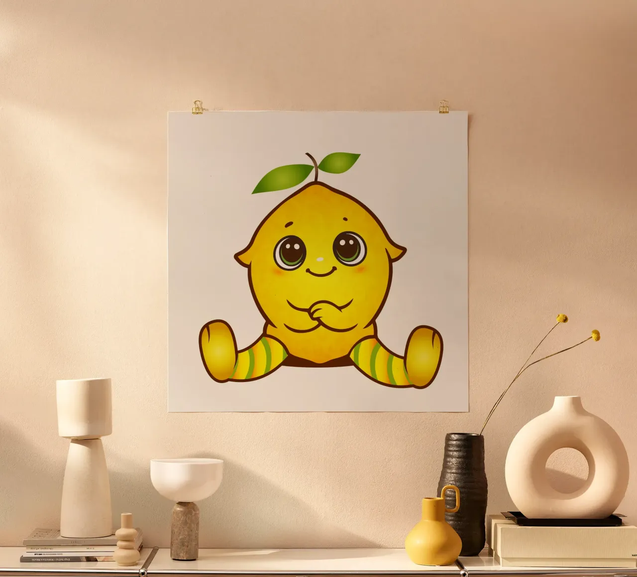 Un citron joyeux en guise d'adorable figurine kawaii poster avec cadre en bois de namosh