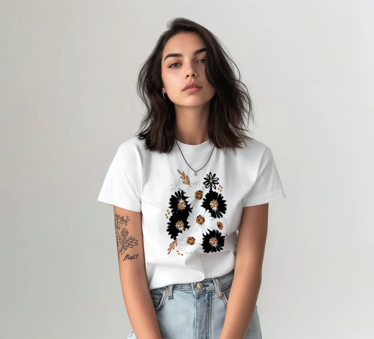 Blumenmuster Schwarz Weiß Karamell t-shirt da Petra Lang