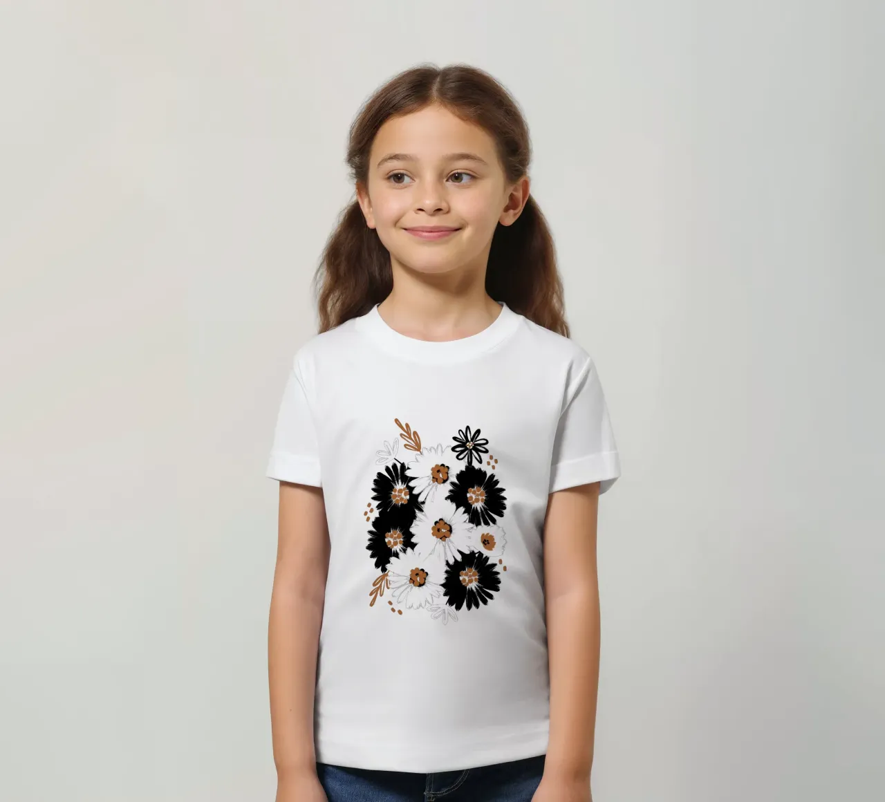 Blumenmuster Schwarz Weiß Karamell kids t-shirt by Petra Lang