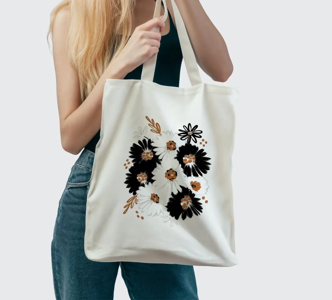 Blumenmuster Schwarz Weiß Karamell borsa in juta da Petra Lang