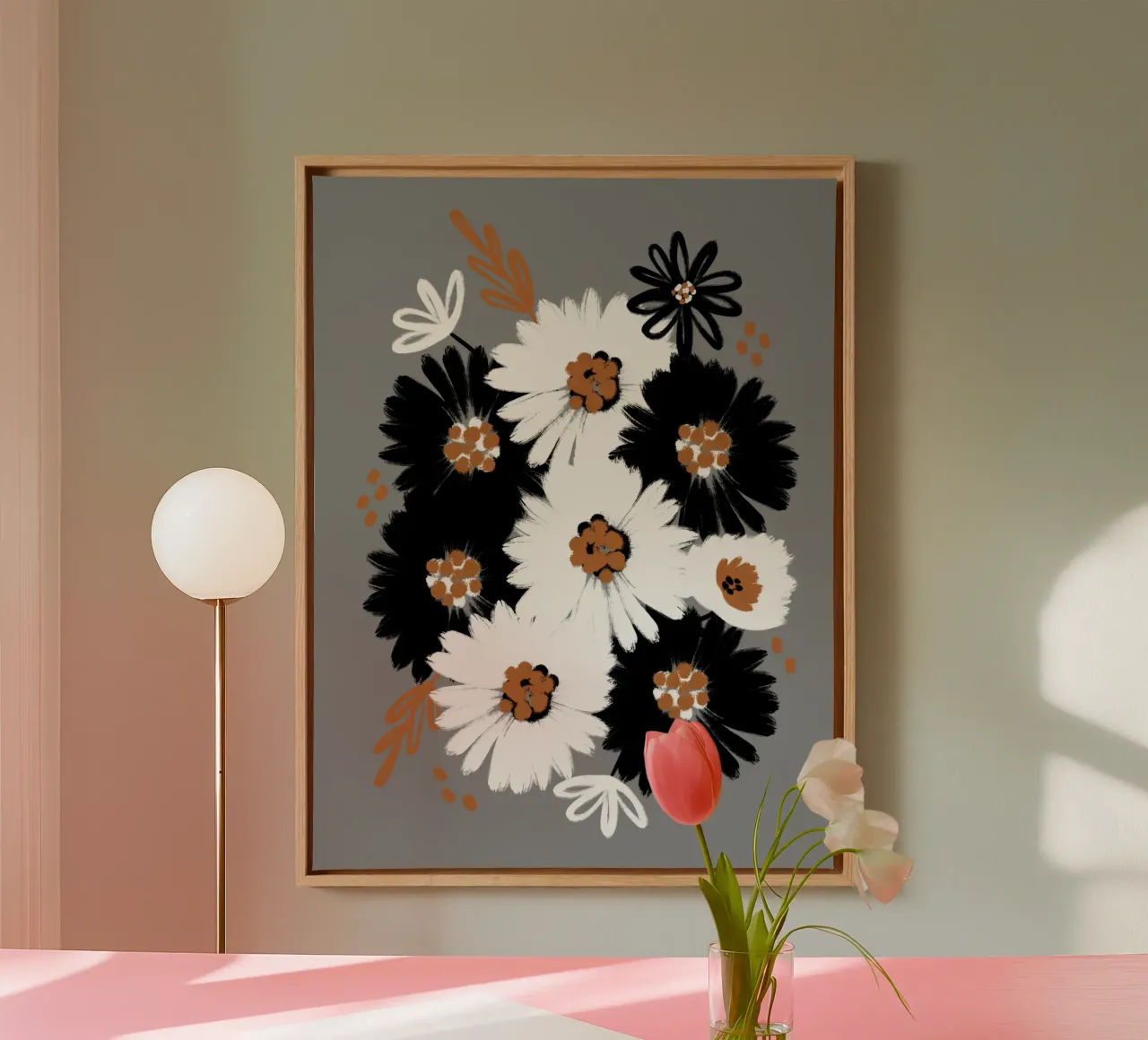Blumenmuster Schwarz Weiß Karamell tela con Cornice a cassetta da Petra Lang