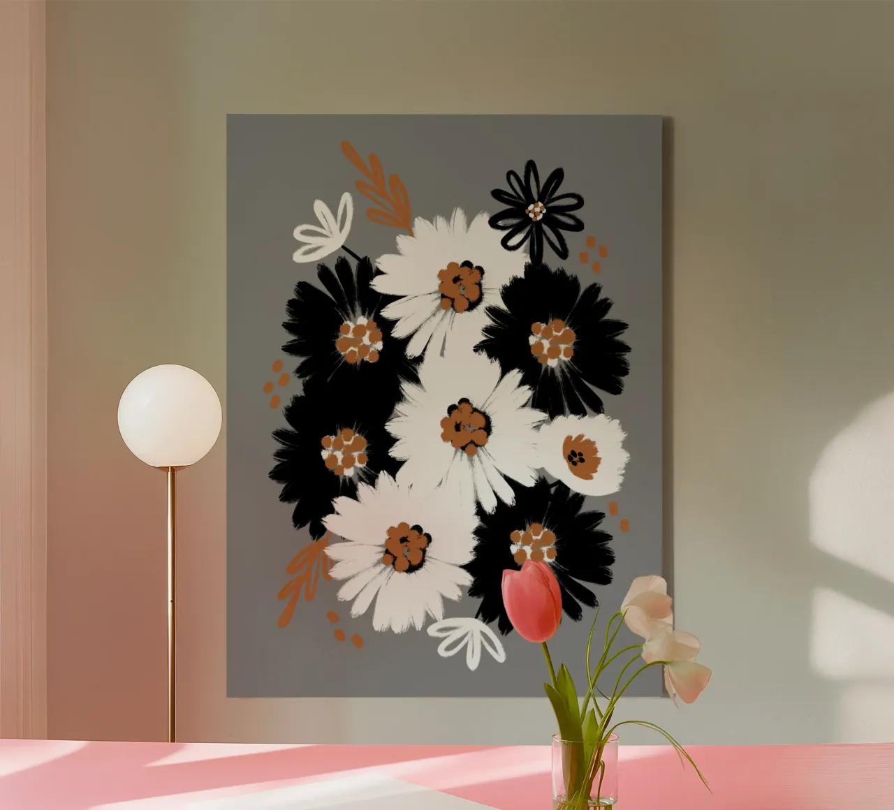 Blumenmuster Schwarz Weiß Karamell tela con Cornice a cassetta da Petra Lang