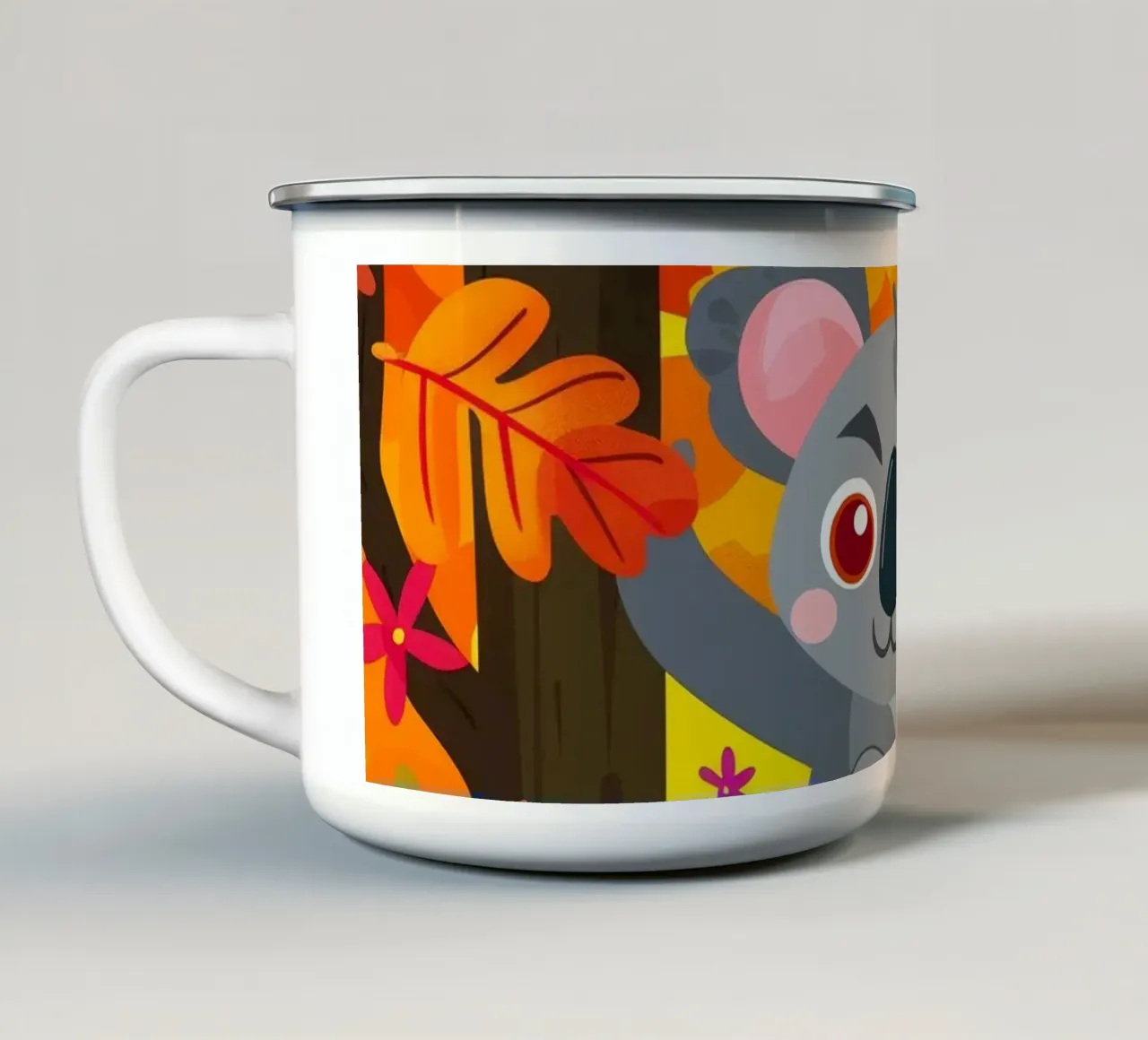 Koala seduto su un albero circondato da foglie autunnali tazza in smalto da DesignDoodle