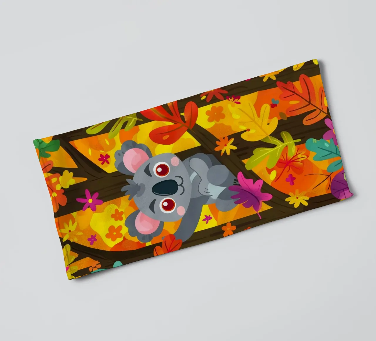 Koala sitting in tree surrounded by autumn leaves towel by DesignDoodle