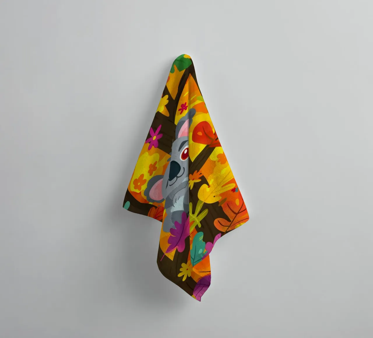 Koala sitting in tree surrounded by autumn leaves towel by DesignDoodle