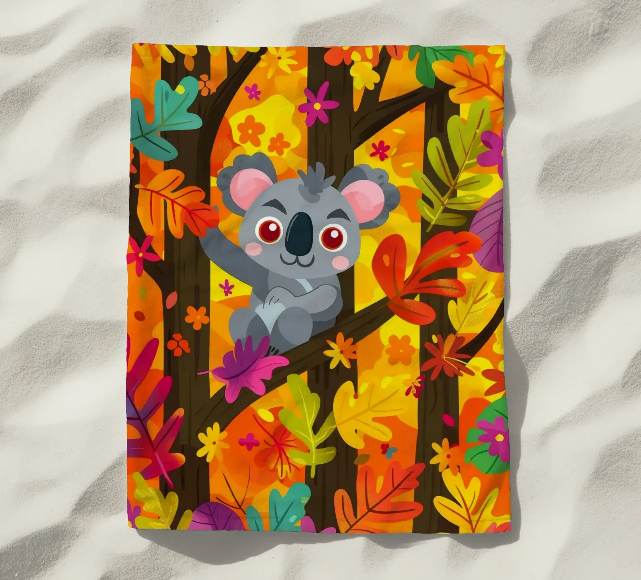 Koala seduto su un albero circondato da foglie autunnali telo mare da DesignDoodle