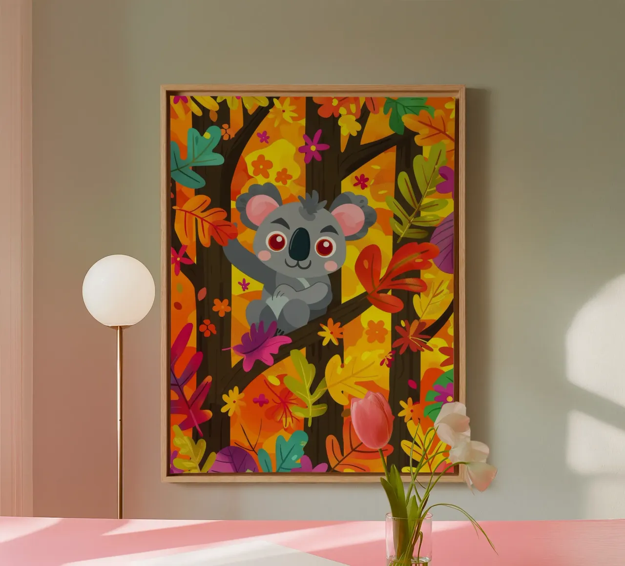 Koala sitting in tree surrounded by autumn leaves canvas with Floater frame by DesignDoodle