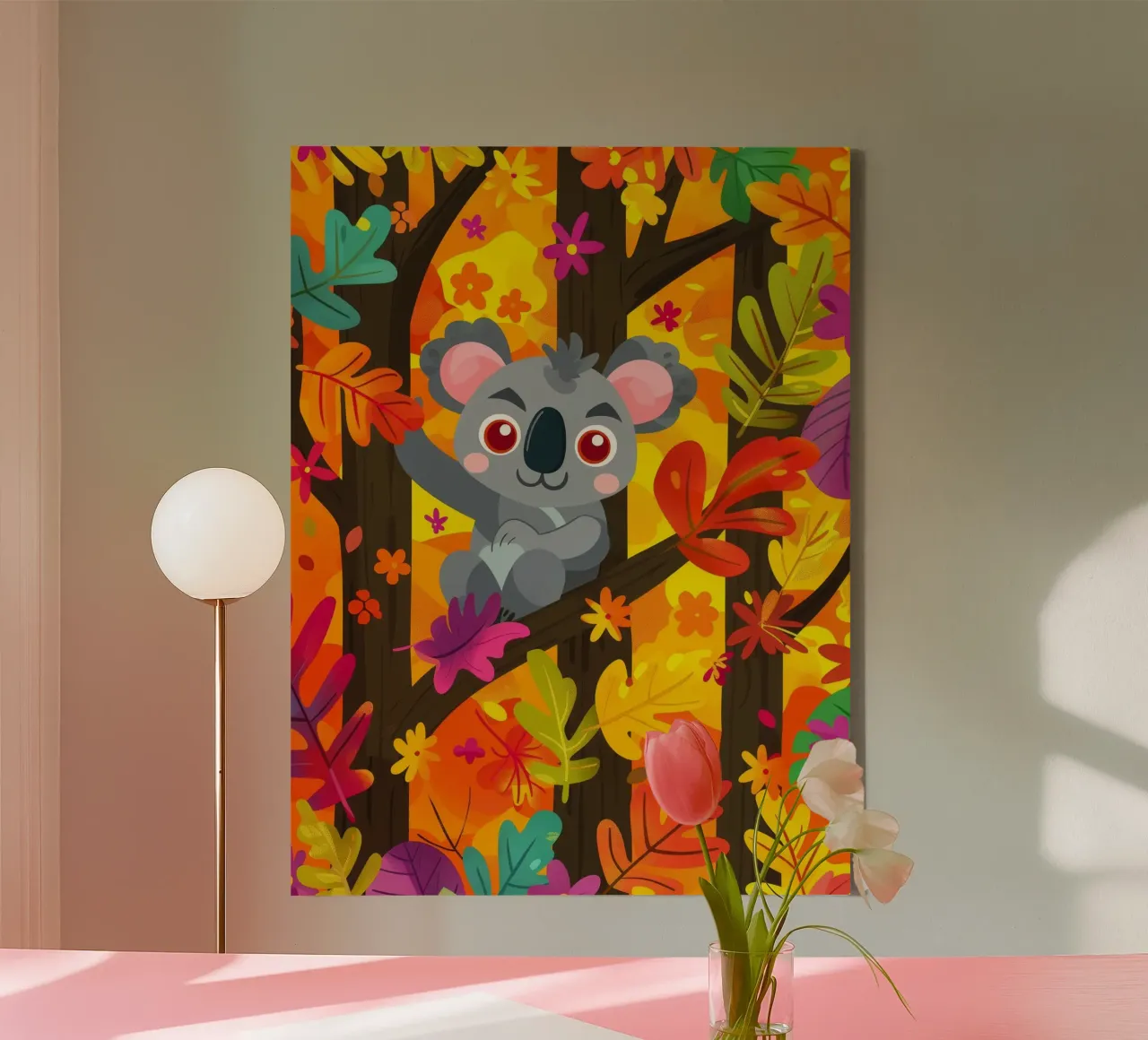 Koala sitting in tree surrounded by autumn leaves canvas with Floater frame by DesignDoodle