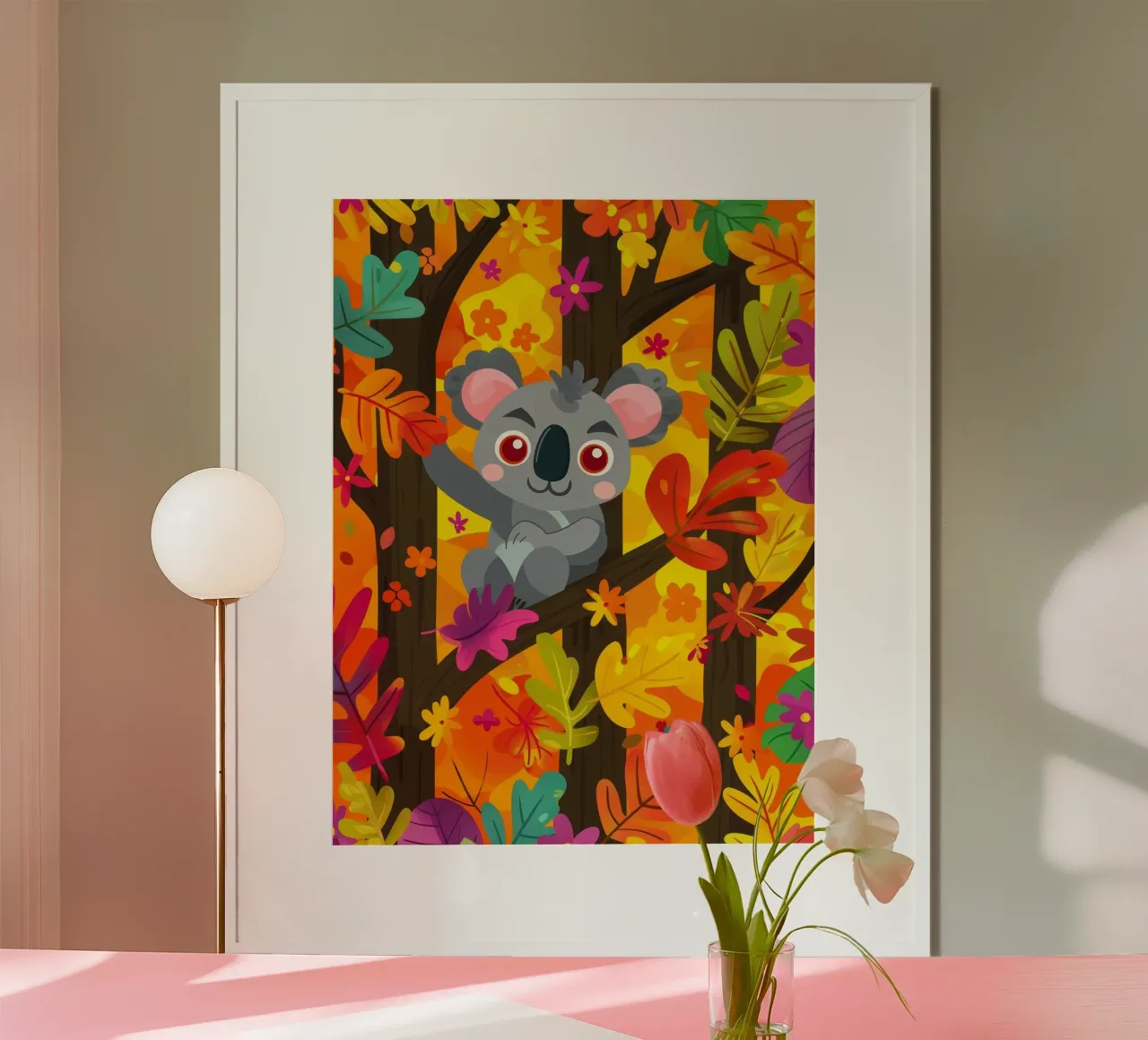 Koala seduto su un albero circondato da foglie autunnali poster con telaio in alluminio da DesignDoodle