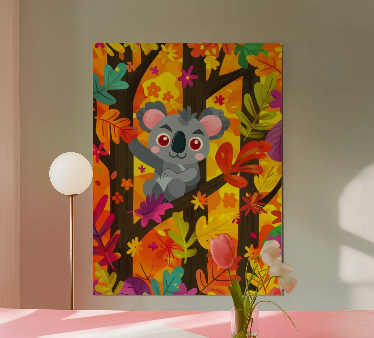 Koala seduto su un albero circondato da foglie autunnali poster con telaio in alluminio da DesignDoodle
