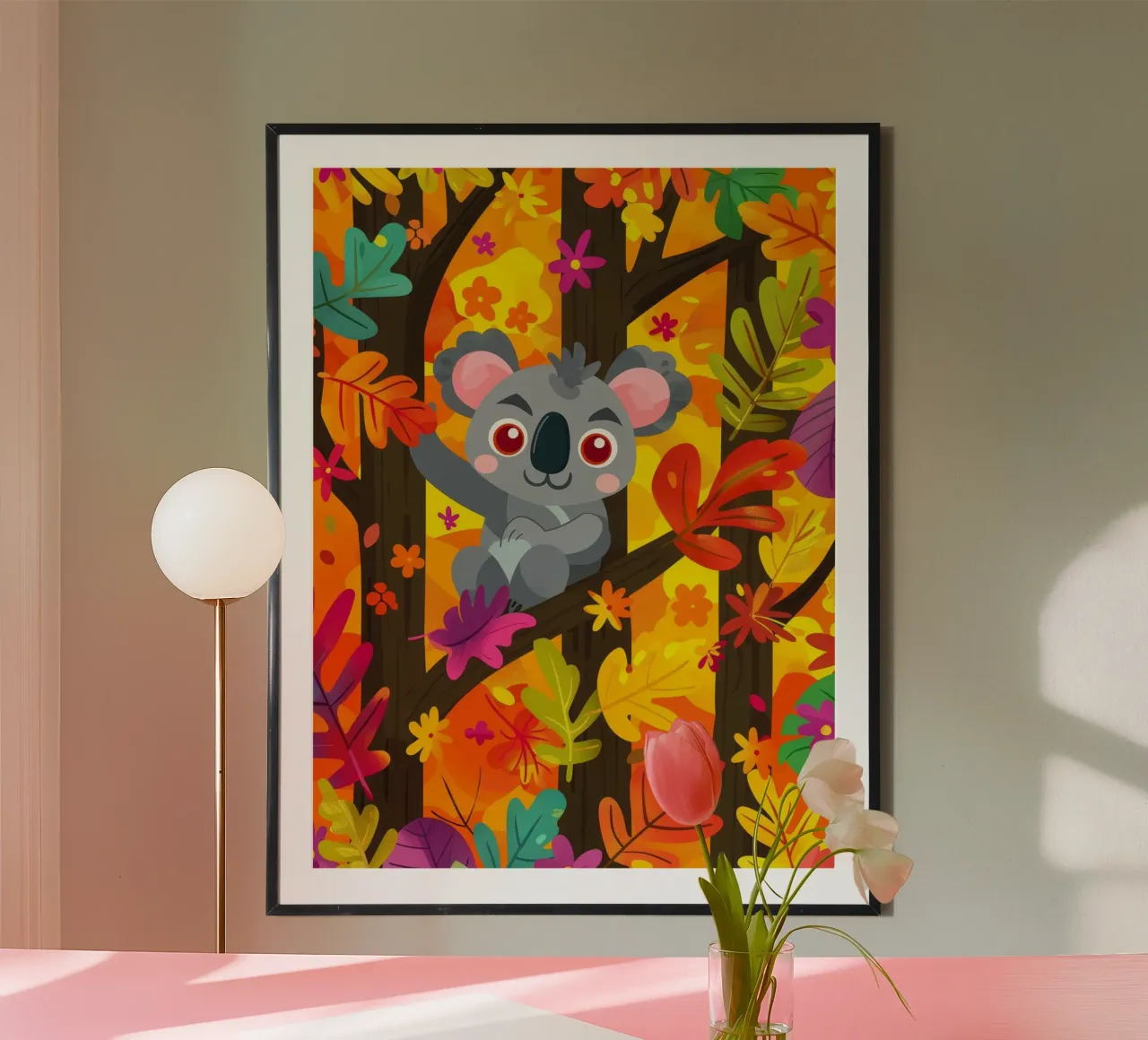 Koala seduto su un albero circondato da foglie autunnali poster con telaio in alluminio da DesignDoodle