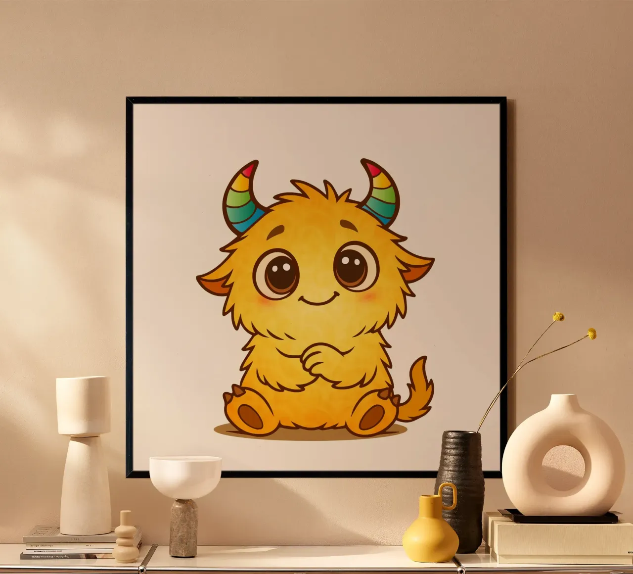 Simpatico mostro giallo con corna arcobaleno carta hahnemühle da namosh