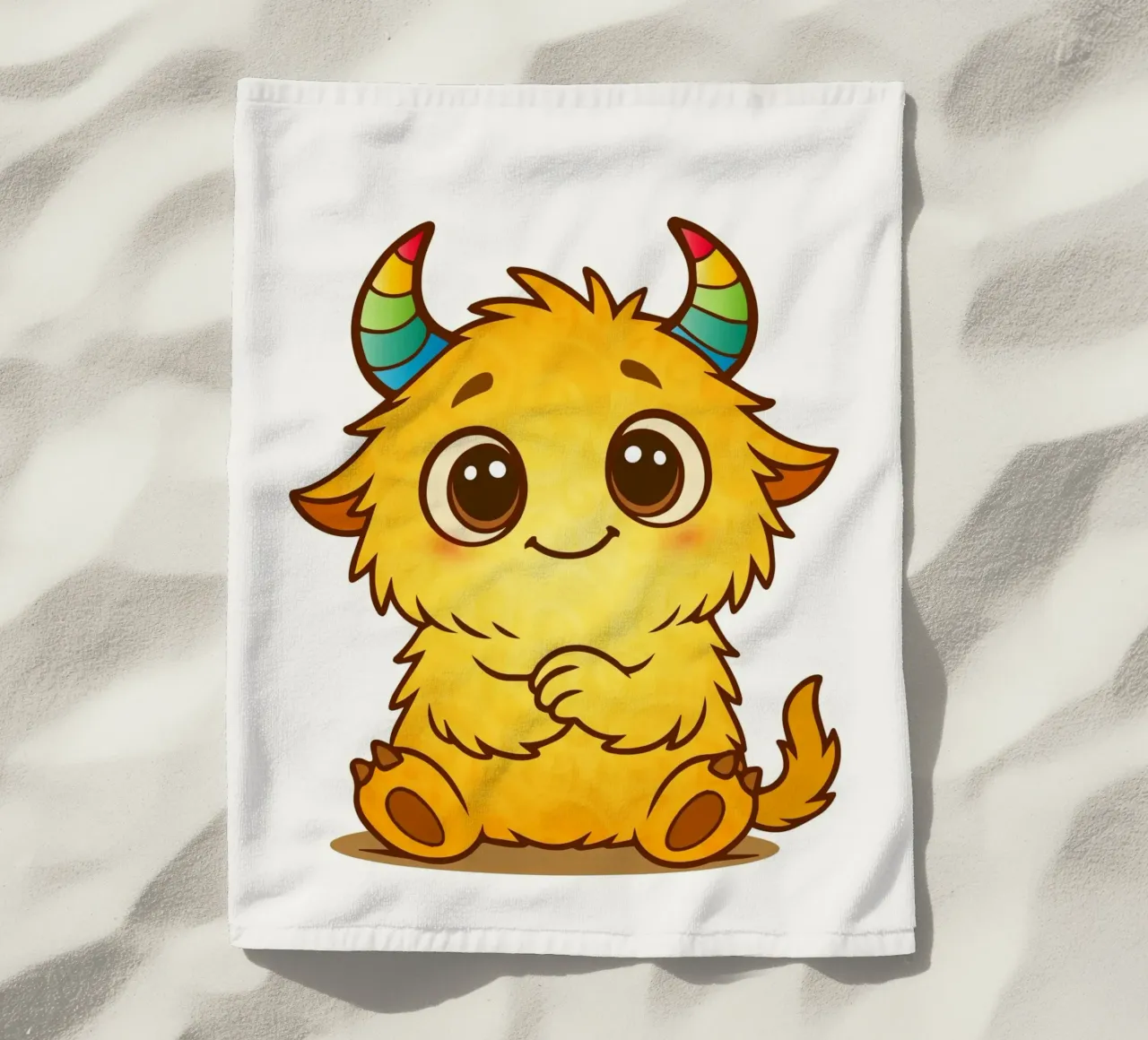 Simpatico mostro giallo con corna arcobaleno telo mare da namosh