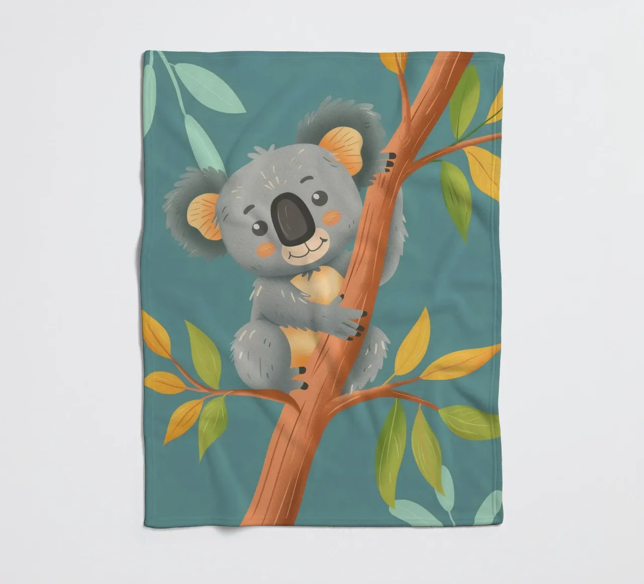 Cute koala resting on a branch surrounded by leafy greenery fleece blanket by DesignDoodle