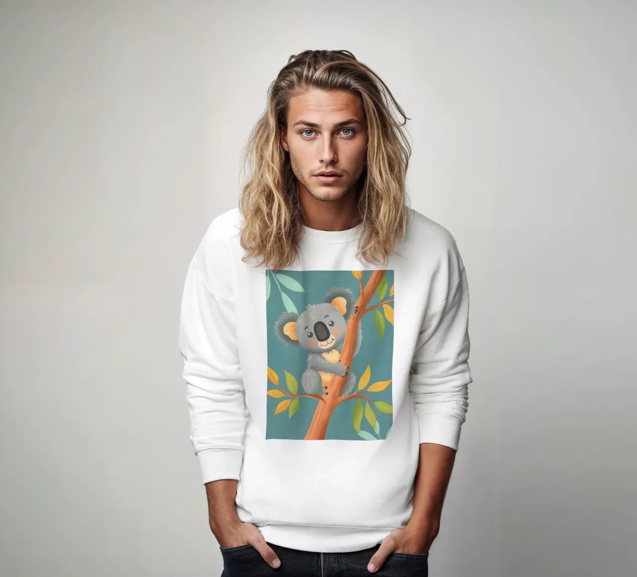 Cute koala resting on a branch surrounded by leafy greenery sweatshirt by DesignDoodle
