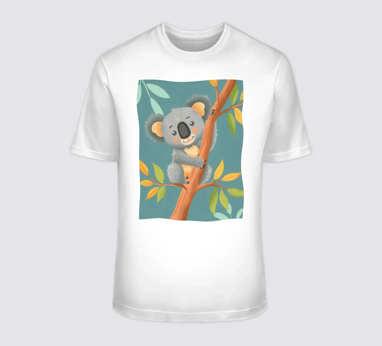 Cute koala resting on a branch surrounded by leafy greenery t-shirt by DesignDoodle