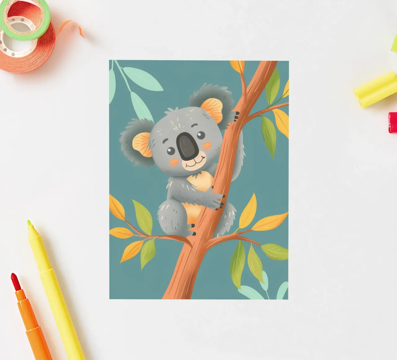 Cute koala resting on a branch surrounded by leafy greenery sticker by DesignDoodle