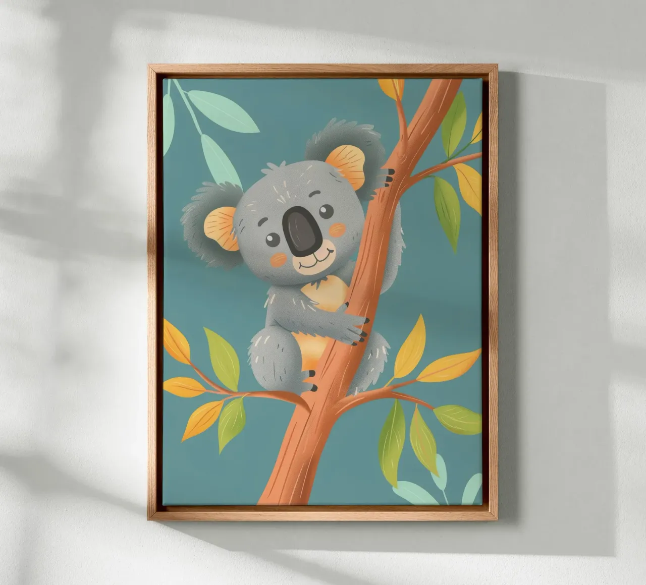 Cute koala resting on a branch surrounded by leafy greenery canvas by DesignDoodle