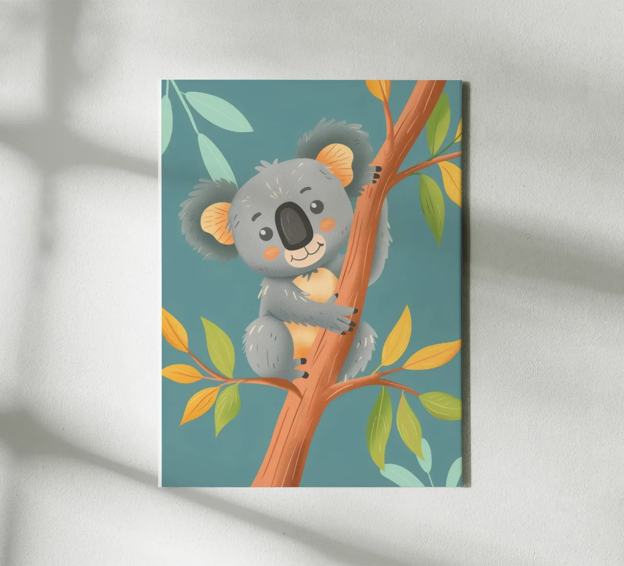 Cute koala resting on a branch surrounded by leafy greenery canvas by DesignDoodle