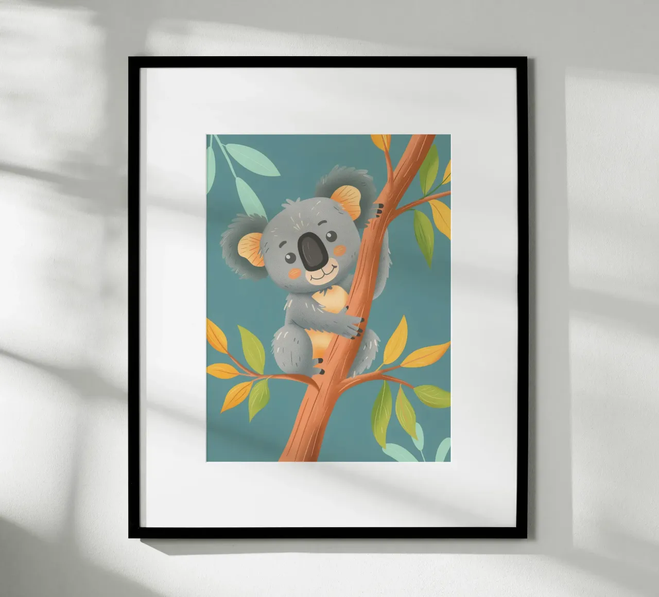 Cute koala resting on a branch surrounded by leafy greenery hahnemühle by DesignDoodle
