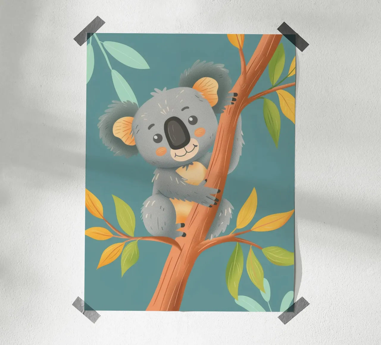 Cute koala resting on a branch surrounded by leafy greenery hahnemühle by DesignDoodle